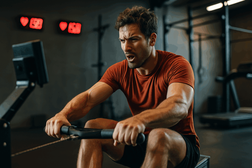 Build Endurance and Power Naturally: How a Fit Gym Workout and Fitness Exercise Gym Routine Can Boost Performance Safely 3 Man sweating during a fit gym workout on a rowing machine, pushing through high-intensity interval training in a modern gym