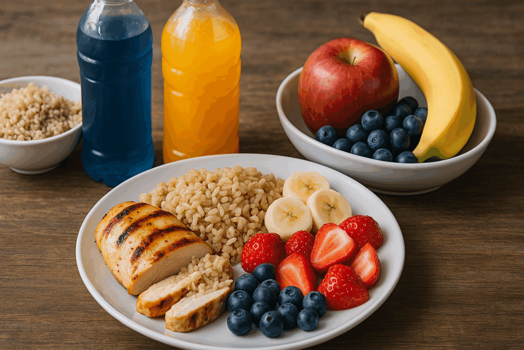 Build Endurance and Power Naturally: How a Fit Gym Workout and Fitness Exercise Gym Routine Can Boost Performance Safely 6 Grilled chicken, brown rice, and fresh fruits arranged as a balanced post-fit gym workout meal on a wooden table