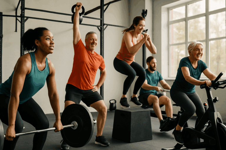 Diverse group of people doing a fit gym workout with weightlifting, cycling, and functional training in a bright, energetic fitness studio.