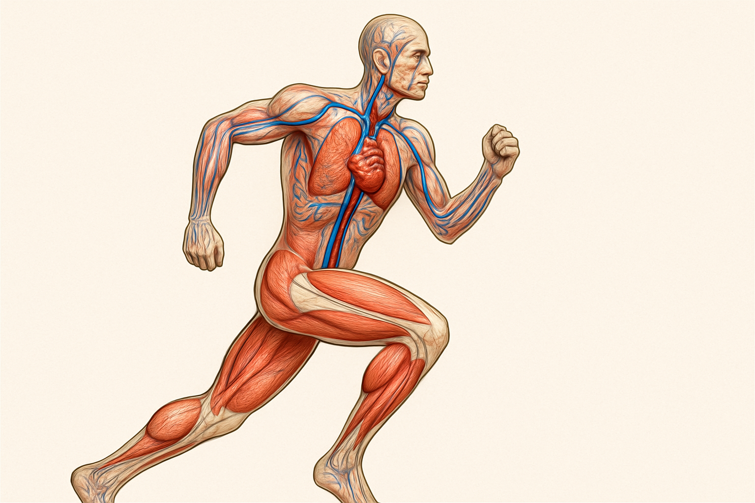 Build Endurance with Purpose: Exercise Workout Ideas for Peak Performance and Daily Motivation 1 Anatomical illustration of a runner showing cardiovascular and muscular systems, symbolizing endurance for exercise workout ideas.