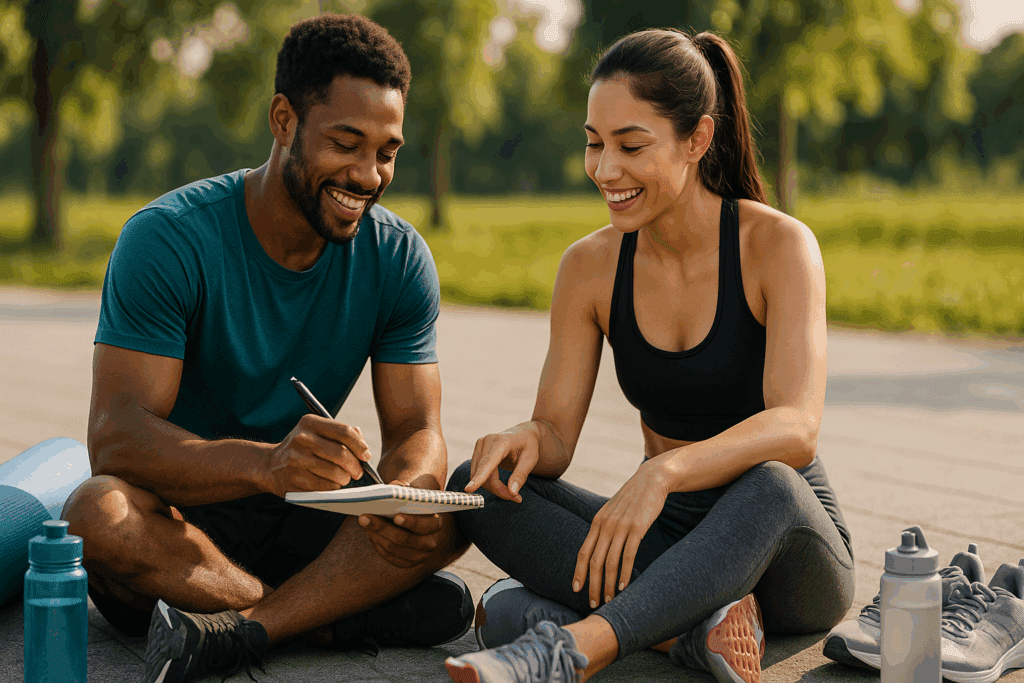 Build Endurance with Purpose: Exercise Workout Ideas for Peak Performance and Daily Motivation 2 Fit man and woman planning exercise workout ideas outdoors with fitness gear like yoga mats, running shoes, and water bottles