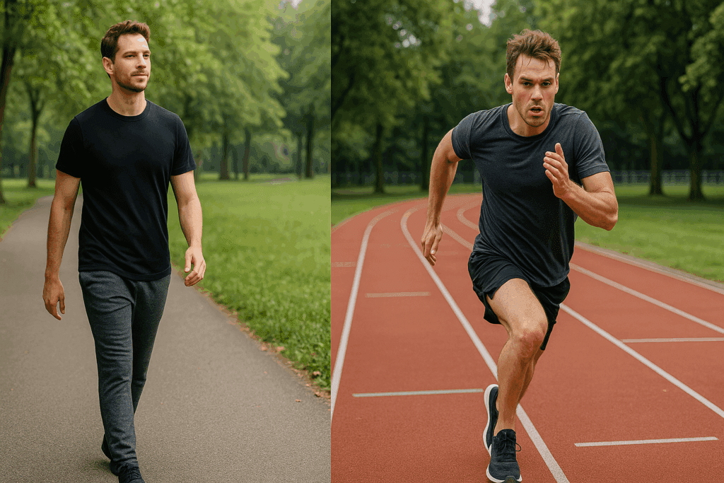 Build Endurance with Purpose: Exercise Workout Ideas for Peak Performance and Daily Motivation 3 Split scene showing two exercise workout ideas: brisk walking through a green park and sprint interval training on a track, illustrating different cardio intensities.