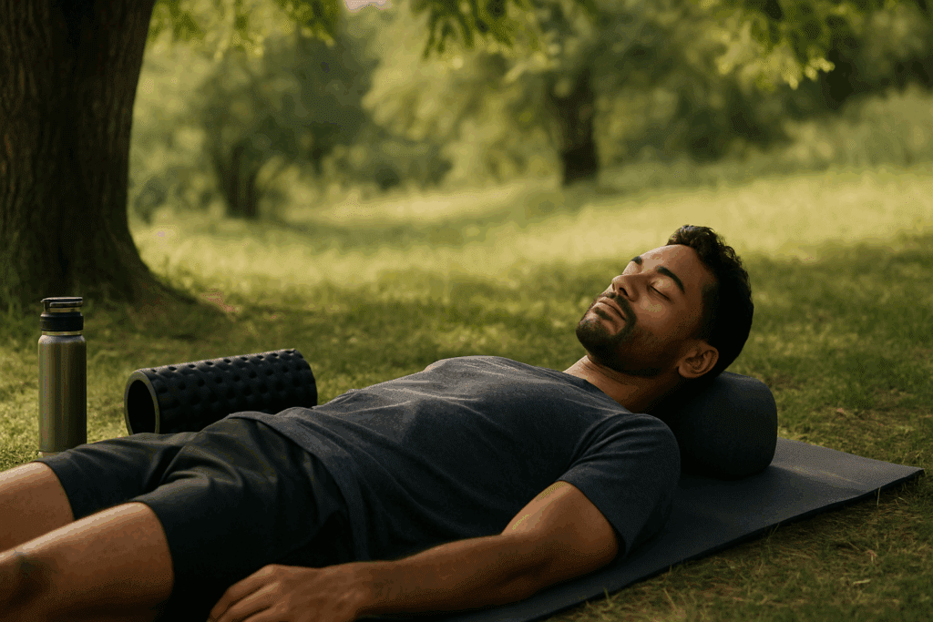 Build Endurance with Purpose: Exercise Workout Ideas for Peak Performance and Daily Motivation 5 Athlete resting on a yoga mat under a tree with a foam roller and water bottle nearby, promoting outdoor exercise workout ideas.