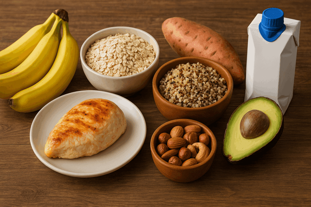 Build Endurance with Purpose: Exercise Workout Ideas for Peak Performance and Daily Motivation 6 Colorful spread of nutritious foods for exercise workout ideas, including bananas, oatmeal, grilled chicken, quinoa, sweet potatoes, avocado, nuts, and coconut water on a wooden table.