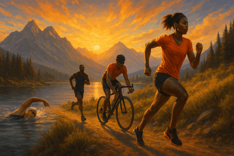 Diverse athletes running, cycling, and swimming through mountains and lakes at sunrise, showcasing endurance, strength, and exercise workout ideas.