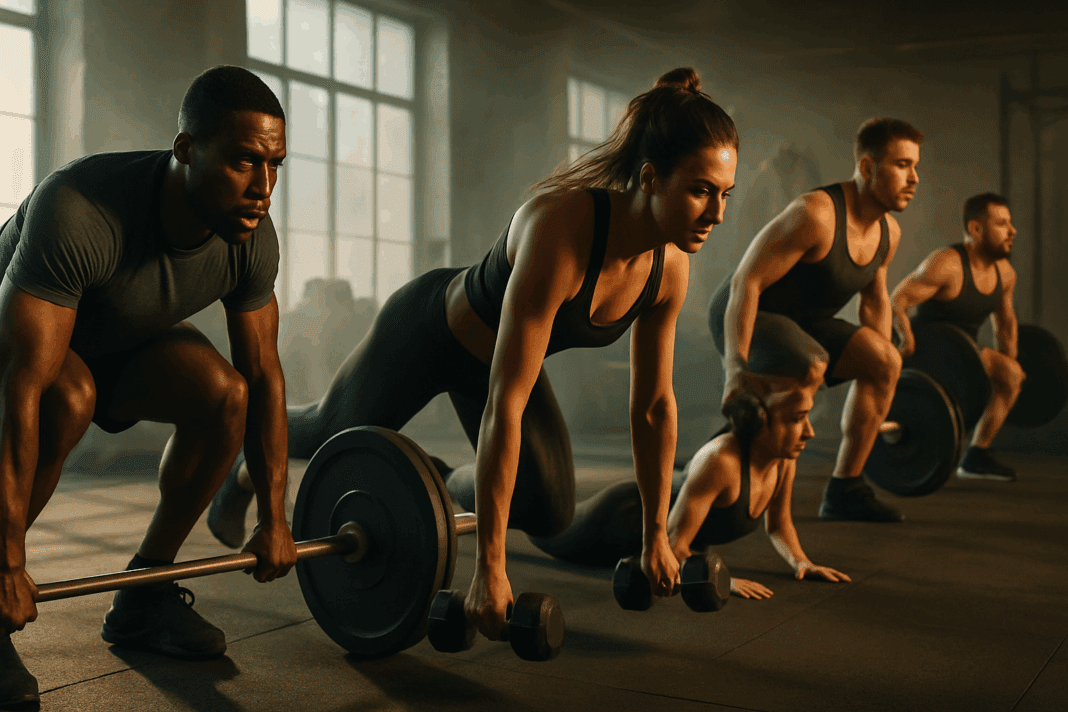 Diverse group of athletes performing muscular strength exercises like deadlifts, push-ups, lunges, and squats in a sunlit gym.