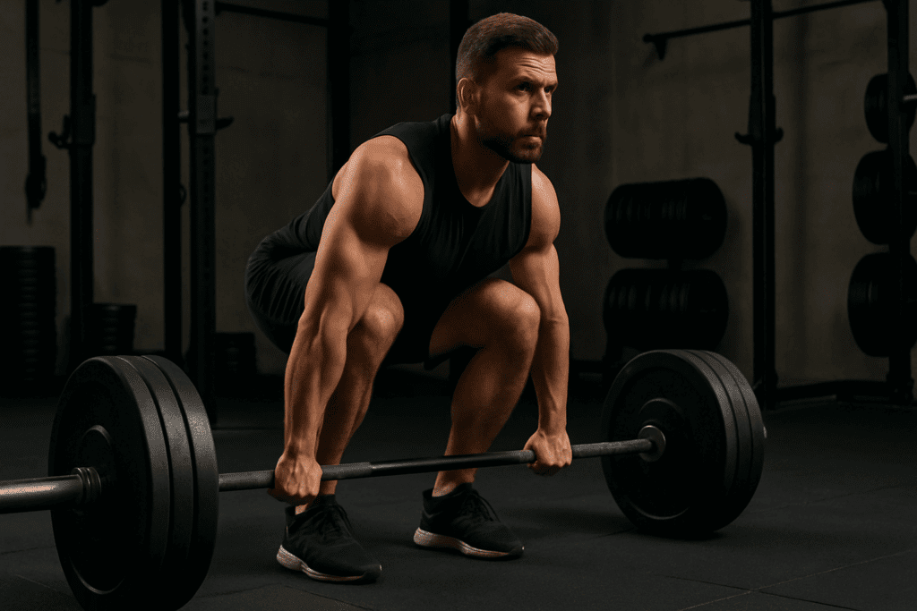 Athlete performing a barbell deadlift in a gym as part of muscular strength exercises for full-body endurance