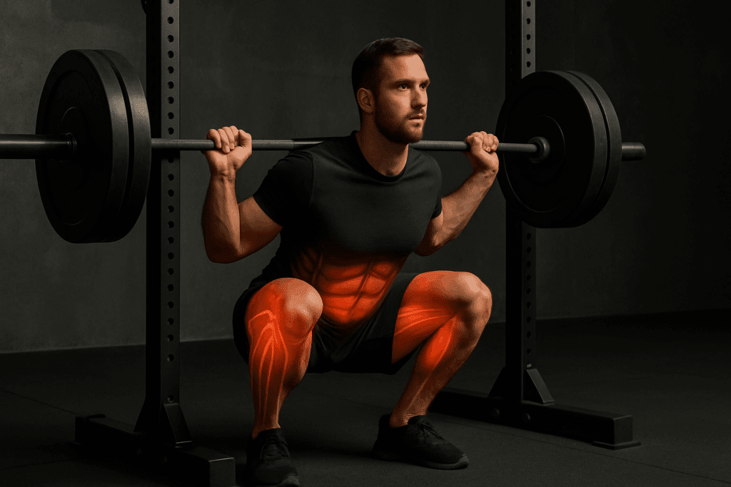 Athlete performing back squat with barbell to demonstrate muscular strength exercises targeting core and legs