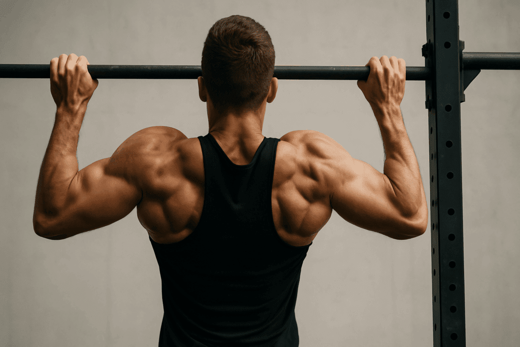 Man performing a pull-up with tensed back muscles in a minimalist gym, showcasing muscular strength exercises