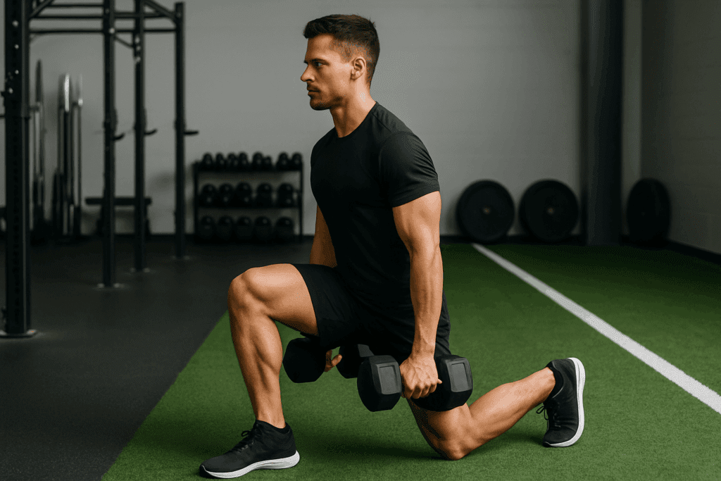 Athletic man doing walking lunges with dumbbells in a gym, demonstrating muscular strength exercises