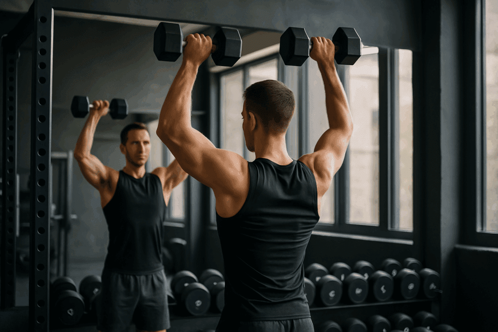 Fit person performing a standing overhead press with dumbbells in a gym, focusing on shoulder alignment, core activation, and clean technique, demonstrating muscular strength exercises