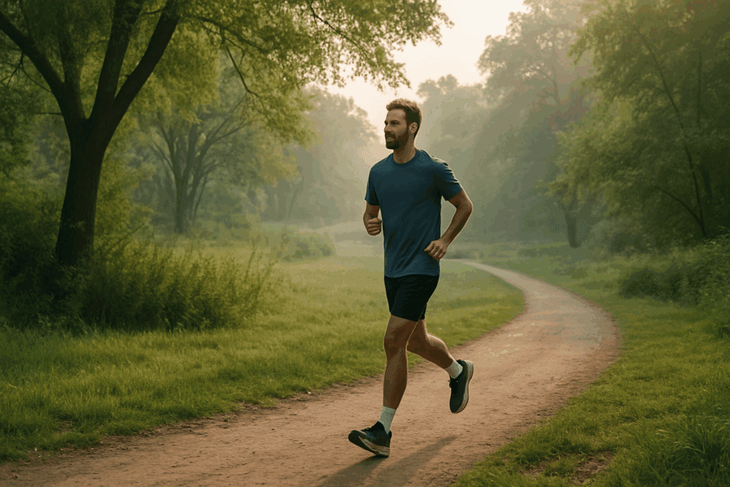 Jogger running at a steady pace on a quiet morning trail, illustrating how to build running stamina fast through aerobic base training.