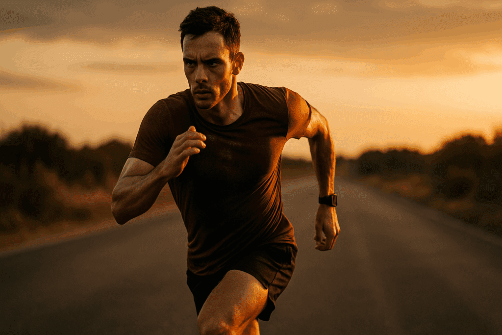 Focused male athlete sprinting at golden hour on an open road, capturing the intensity needed to build running stamina fast.