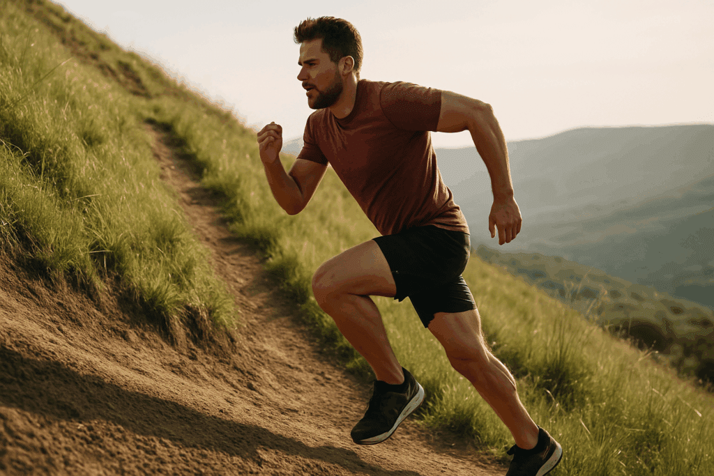 Male runner powering up a steep grassy hill at sunrise, showing intense muscular effort to build running stamina fast.