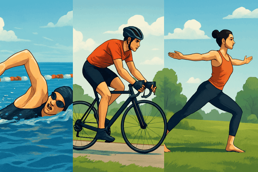 Swimmer in open water, cyclist on a path, and woman in yoga pose illustrating cross-training to build running stamina fast