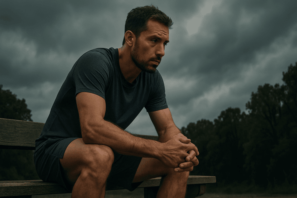 Focused runner resting on a bench after training, mentally preparing to build running stamina fast under a moody sky