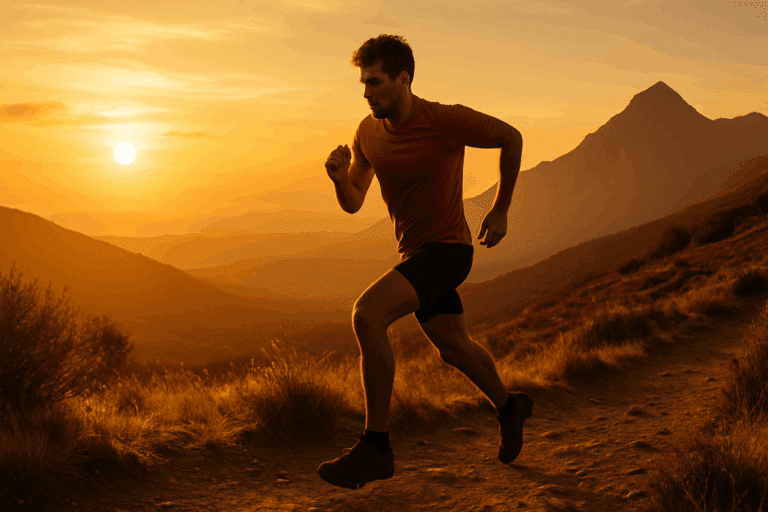 Trail runner powering uphill at sunrise on a rugged mountain path to build running stamina fast