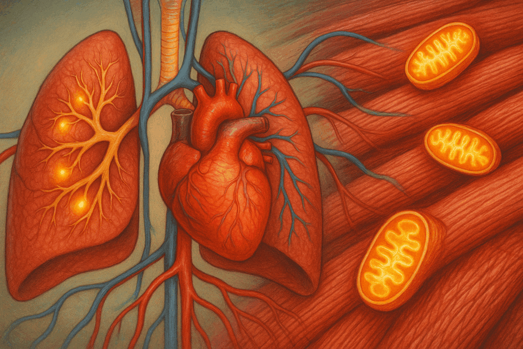 Anatomical illustration of heart, lungs, and mitochondria highlighting energy systems essential for stamina building exercises for beginners