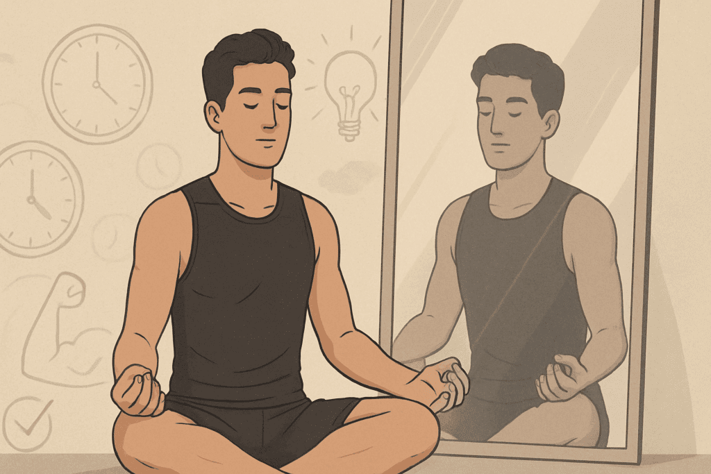 Person in workout clothes meditating in front of a mirror with faint icons of clocks and strength symbols, representing mental focus and habit-building in stamina building exercises for beginners.