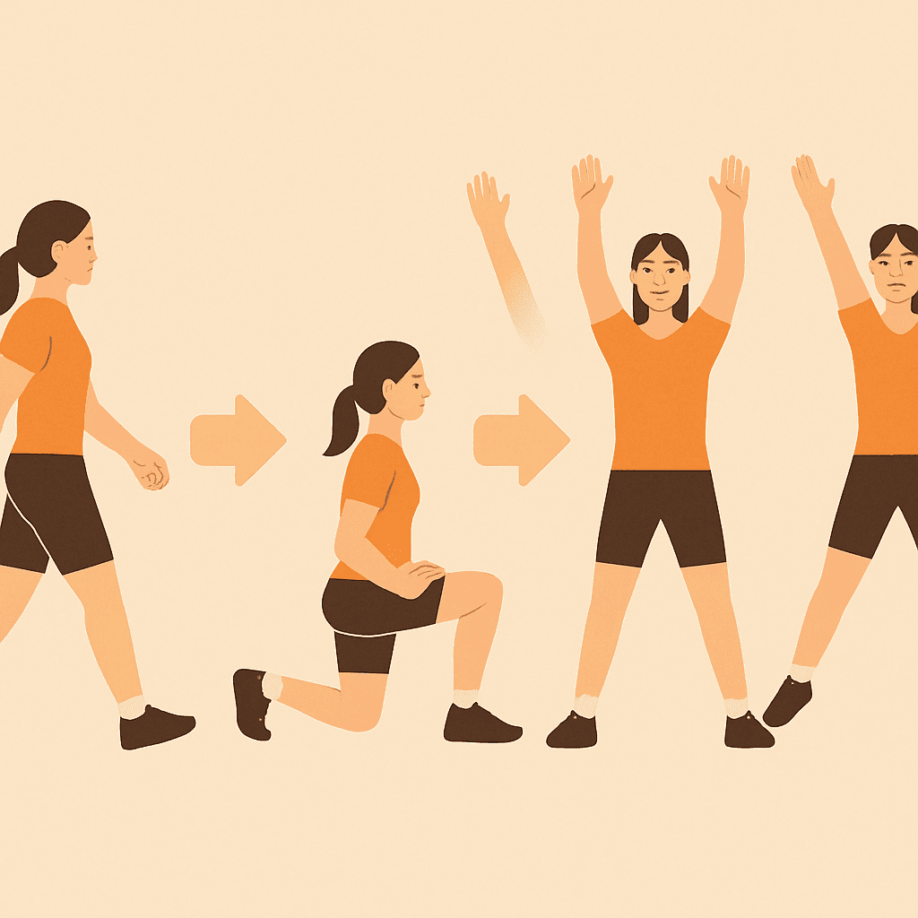 Infographic-style illustration showing four stamina building exercises for beginners, including brisk walking, lunges, stretching, and jumping jacks