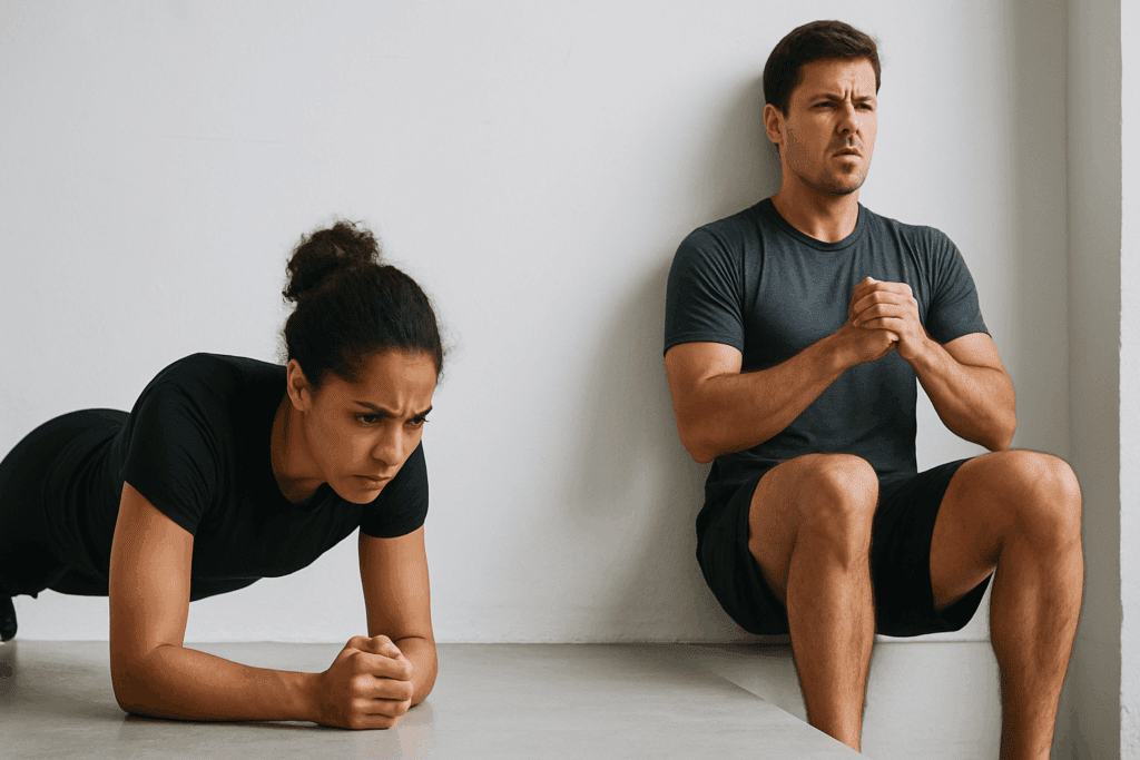 Man doing wall sits and woman holding a plank in a minimalist room, demonstrating stamina building exercises for beginners