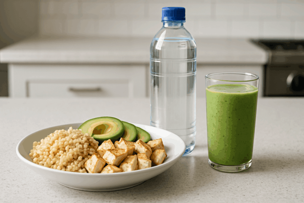 Balanced post-workout meal with tofu, whole grains, avocado, green smoothie, and water to support stamina building exercises for beginners