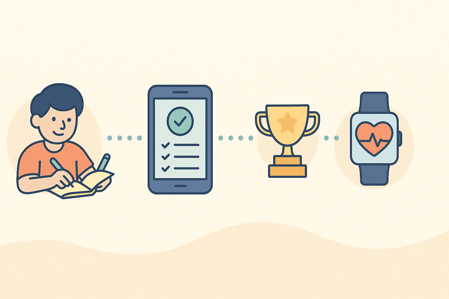 Visual timeline showing stamina building exercises for beginners through icons of journaling, mobile fitness tracking, reward milestones, and heart rate monitoring
