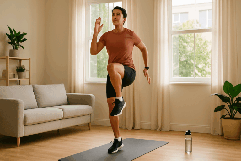 Person doing high knees on a yoga mat in a sunlit living room, demonstrating stamina building exercises for beginners.