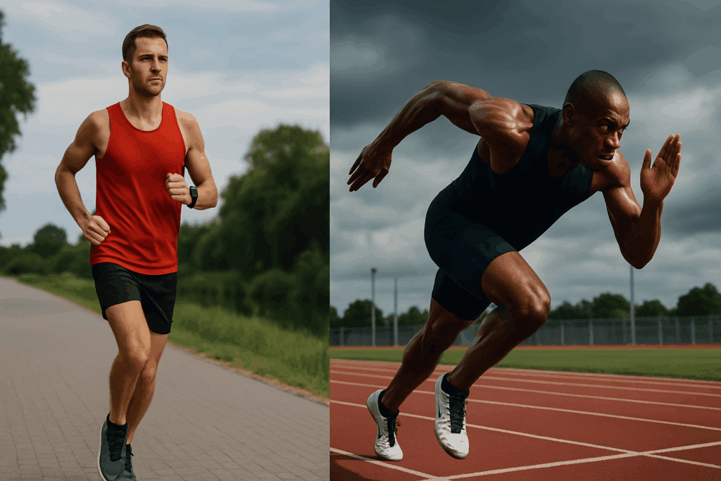 Build Strength and Go the Distance: Best Stamina Workouts and Endurance Training Tips to Improve Athletic Endurance Naturally 1 Marathon runner maintaining steady pace and sprinter launching explosively from start line, demonstrating techniques to improve athletic endurance.