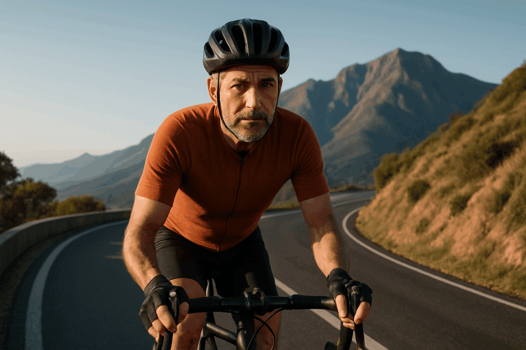 Build Strength and Go the Distance: Best Stamina Workouts and Endurance Training Tips to Improve Athletic Endurance Naturally 2 Middle-aged cyclist pedaling uphill on a mountain road under clear skies to improve athletic endurance and symbolize perseverance.