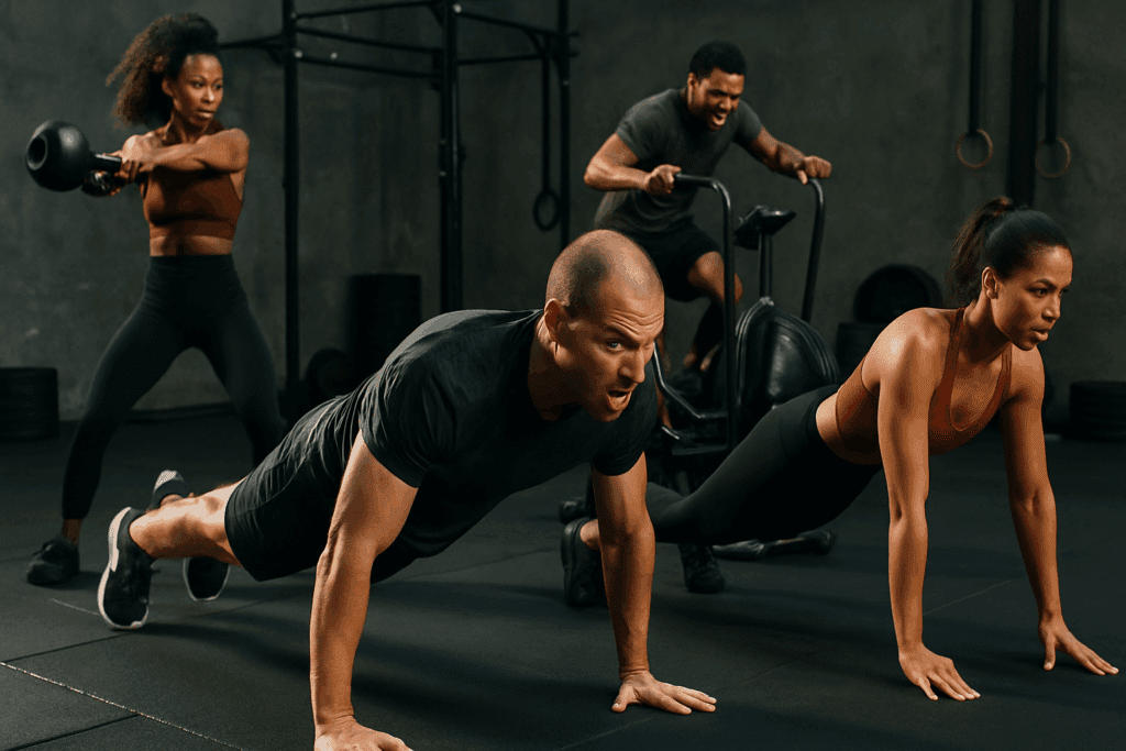 Build Strength and Go the Distance: Best Stamina Workouts and Endurance Training Tips to Improve Athletic Endurance Naturally 3 Group of diverse athletes performing high-intensity interval training exercises like burpees and cycling to improve athletic endurance in a gym