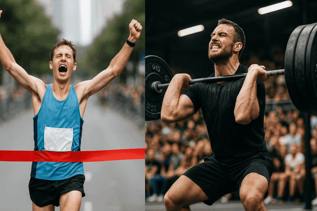 Build Strength and Go the Distance: Best Stamina Workouts and Endurance Training Tips to Improve Athletic Endurance Naturally 4 Marathon runner crossing a finish line and CrossFit athlete lifting heavy weights, illustrating different ways to improve athletic endurance