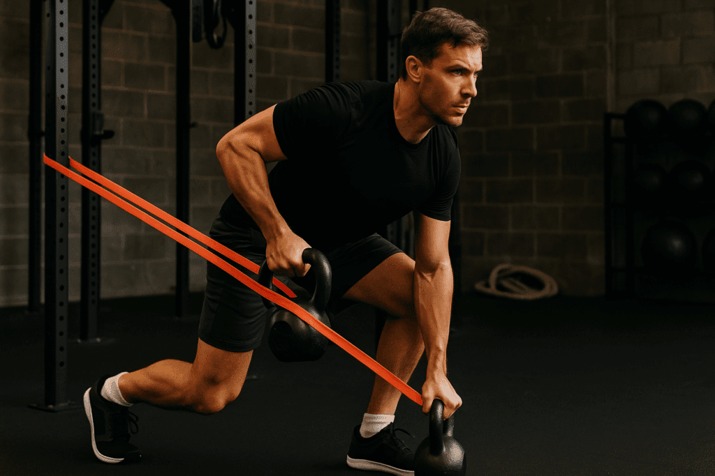 Build Strength and Go the Distance: Best Stamina Workouts and Endurance Training Tips to Improve Athletic Endurance Naturally 5 Athlete performing resistance training with kettlebells and resistance bands in a gym to improve athletic endurance through sustained muscular effort.