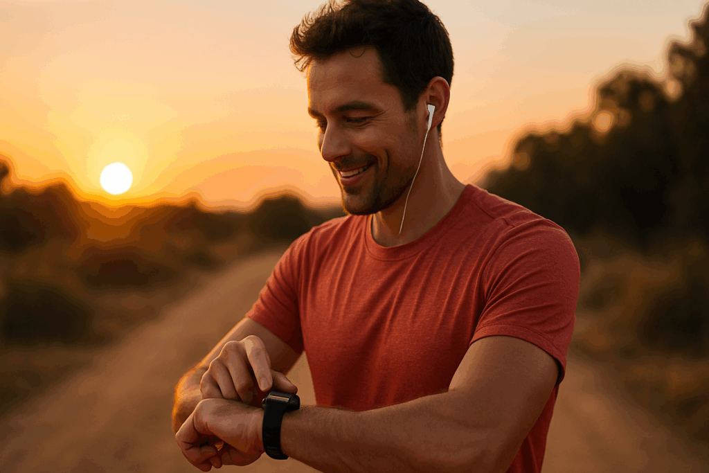 Build Strength and Go the Distance: Best Stamina Workouts and Endurance Training Tips to Improve Athletic Endurance Naturally 6 Runner checking fitness smartwatch during sunset jog on park trail to improve athletic endurance