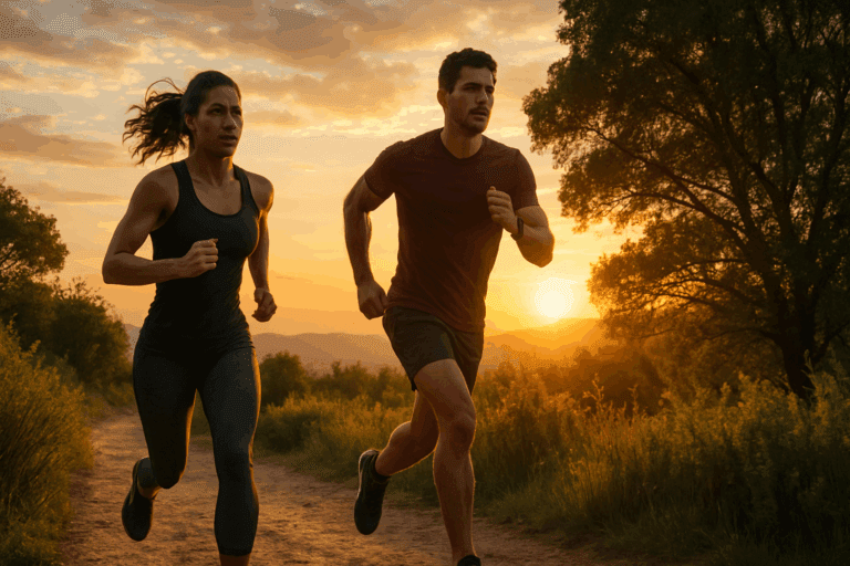 Athletic man and woman running on a scenic sunrise trail surrounded by lush greenery to improve athletic endurance and strength.