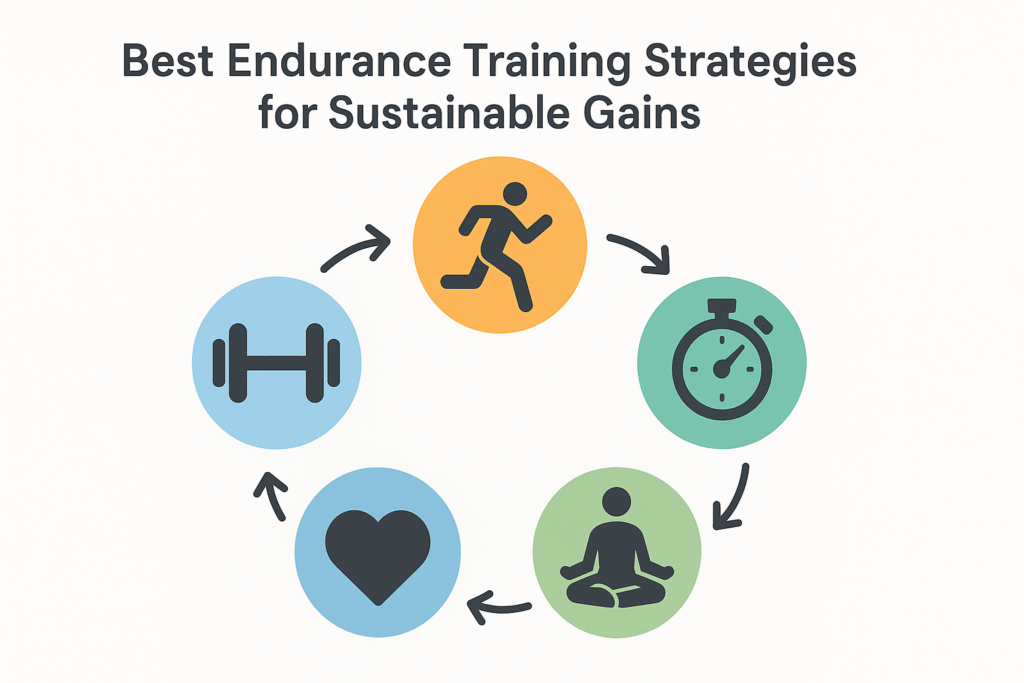 Build Strength and Go the Distance: Best Stamina Workouts and Endurance Training Tips to Improve Athletic Endurance Naturally 7 Circular infographic showing a step-by-step training plan with icons for running, strength training, interval timing, yoga, and heart health to improve athletic endurance.
