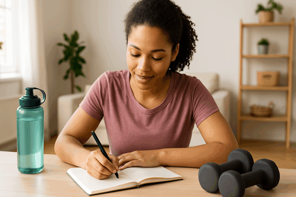 Build Strength and Stamina at Home: Easy Workout Routines and a Weekly Exercise Plan for Beginners 2 Beginner athlete writing an at home workout plan in a journal, with dumbbells and a water bottle on a table in a bright home gym setting.