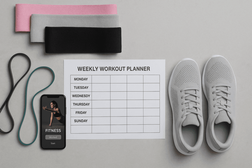 Build Strength and Stamina at Home: Easy Workout Routines and a Weekly Exercise Plan for Beginners 3 Flat lay of an at home workout plan with a weekly fitness planner, resistance bands, sneakers, and a smartphone showing a fitness app.
