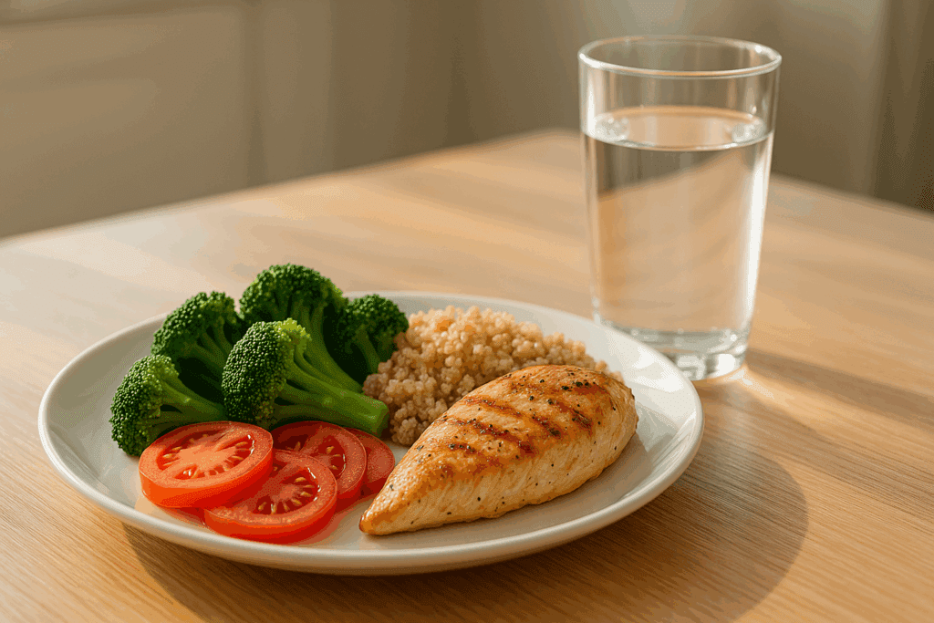 Build Strength and Stamina at Home: Easy Workout Routines and a Weekly Exercise Plan for Beginners 5 Post-workout meal on a kitchen table with grilled chicken, vegetables, and quinoa, supporting an at home workout plan.