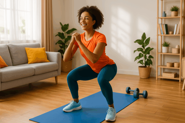 Smiling woman following an at home workout plan while doing squats on a yoga mat in a bright, organized living room with dumbbells nearby.
