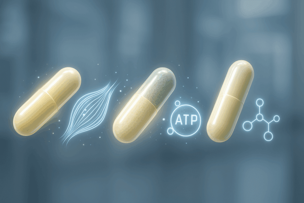Floating glowing capsules with muscle fibers, ATP molecules, and metabolic icons, representing the best supplements for stamina and endurance.