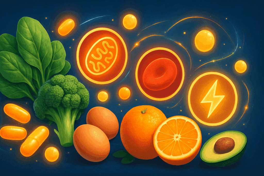 Colorful spread of leafy greens, eggs, oranges, and avocado alongside glowing icons of mitochondria and red blood cells, symbolizing the best supplements for stamina and endurance.