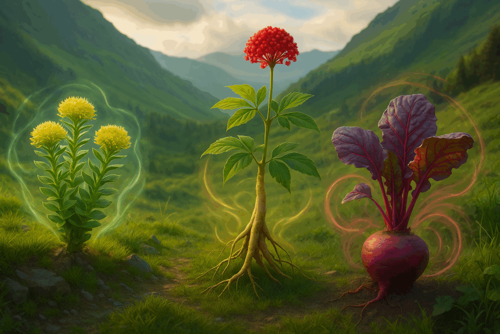 Rhodiola rosea, Panax ginseng, and beetroot glowing on a green mountain slope under sunlight, symbolizing the best supplements for stamina and endurance