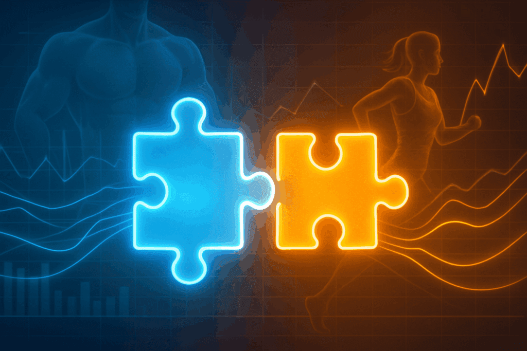 Conceptual infographic showing glowing puzzle pieces symbolizing creatine and B vitamins enhancing muscle and cardio performance—illustrating the best supplements for stamina and endurance.