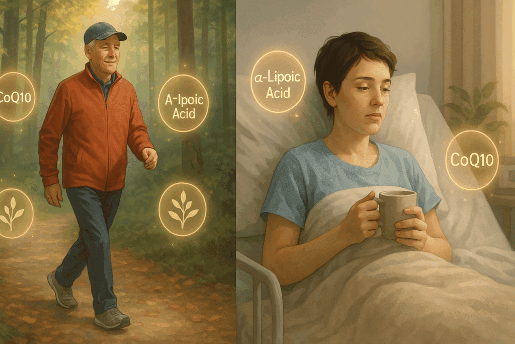 Aging man walking briskly in a forest and young woman recovering in bed, both surrounded by glowing icons representing the best supplements for stamina and endurance like CoQ10, alpha-lipoic acid, and ashwagandha.
