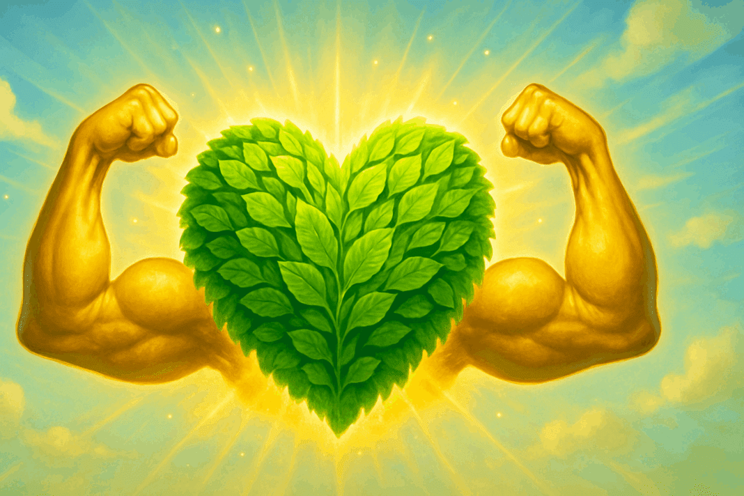 Heart made of green leaves with flexing muscular arms under a bright sky, symbolizing how can exercise reverse heart disease.