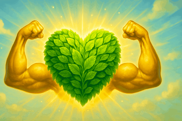 Heart made of green leaves with flexing muscular arms under a bright sky, symbolizing how can exercise reverse heart disease.