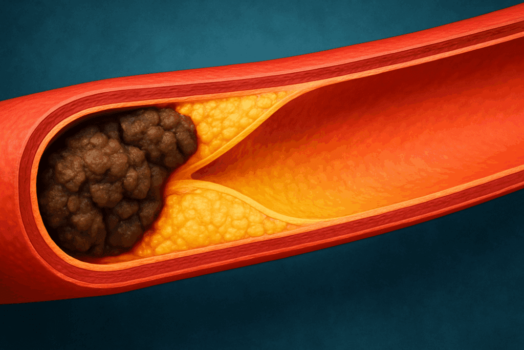Cross-section of an artery showing plaque buildup and clean vessel, illustrating can exercise reverse heart disease naturally.