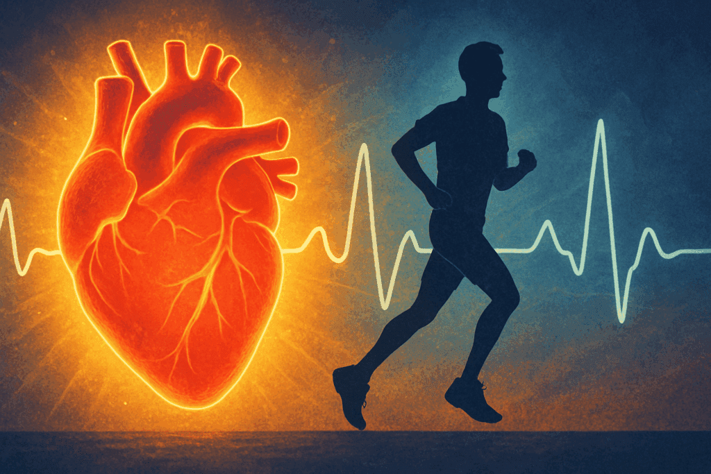 Vibrant heart glowing with energy alongside a runner, symbolizing vitality and asking can exercise reverse heart disease.