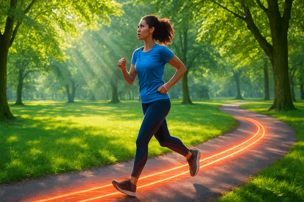 Person jogging along a glowing pathway in a lush park, symbolizing how can exercise reverse heart disease through improved blood flow.